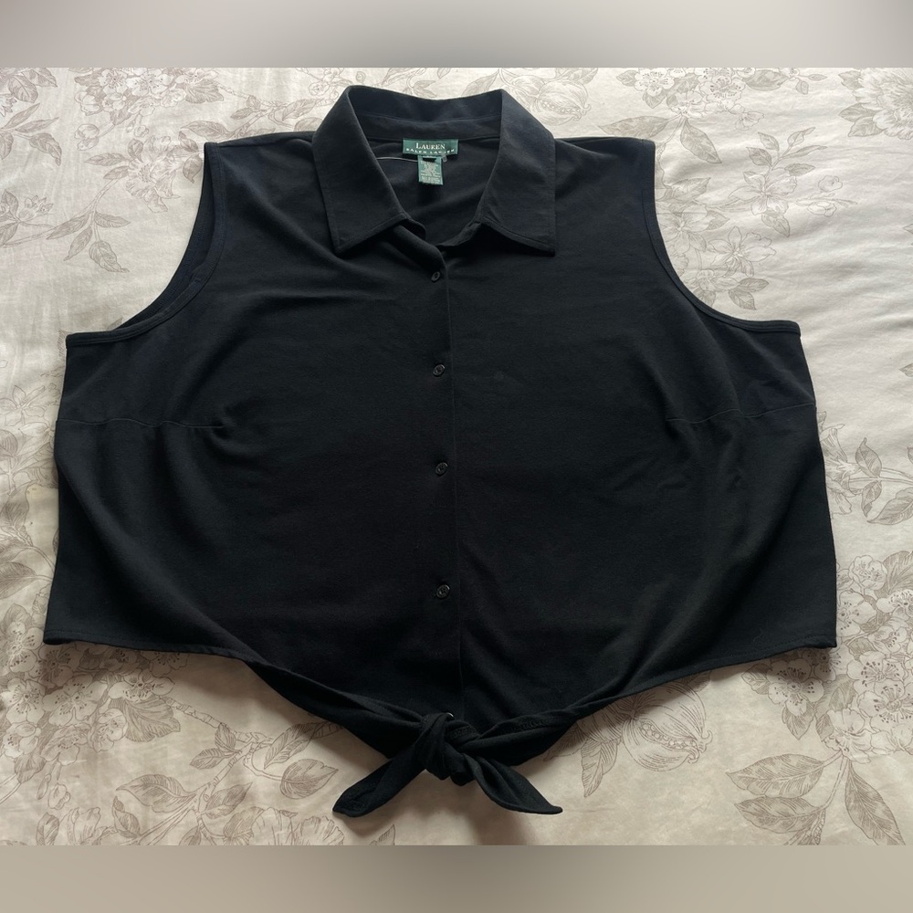 Vintage‎ Ralph Lauren Black Sleeveless Button Down Crop Top 3X Old Money Preppy
